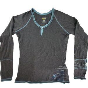 Mountain Hardwear Henley Shirt Women's XL Gray Blue Graphic Print Organic Cotton